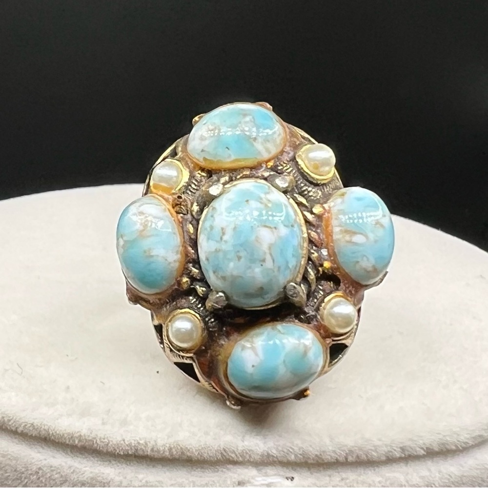 Vintage Turquoise and Pearl Ring Adjustable Band